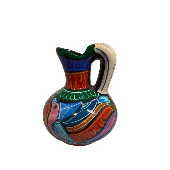 Hand-Painted Talavera Style Ceramic Pitcher With Colorful Bird Design - Picture 4 of 9